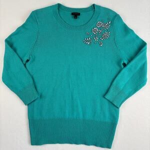 Talbots Crewneck Ribbed Cashmere Cotton Embellished Jeweled Corsage Sweater Sm